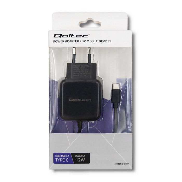 Stenski polnilnik USB-C, 5V / 2.4A, 12W, črn 2