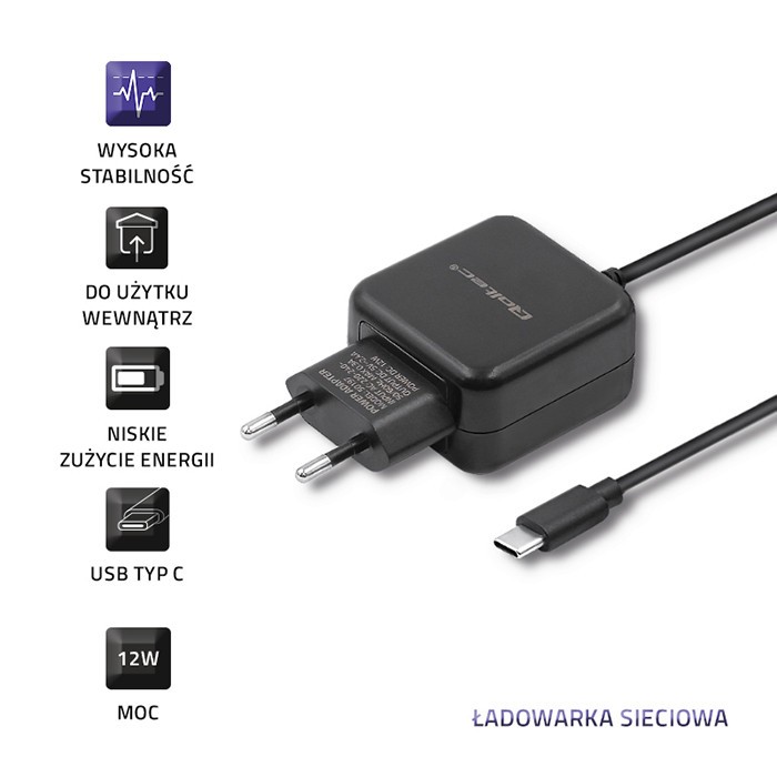 Stenski polnilnik USB-C, 5V / 2.4A, 12W, črn 3