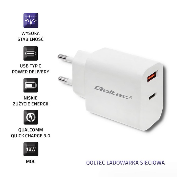 Napajalnik 18W Type-C PD QC 3.0 USB, bel 2