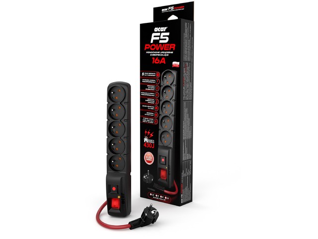 Podaljšek F5 Power 5m, 16A, 5 vtičnic, črn 2