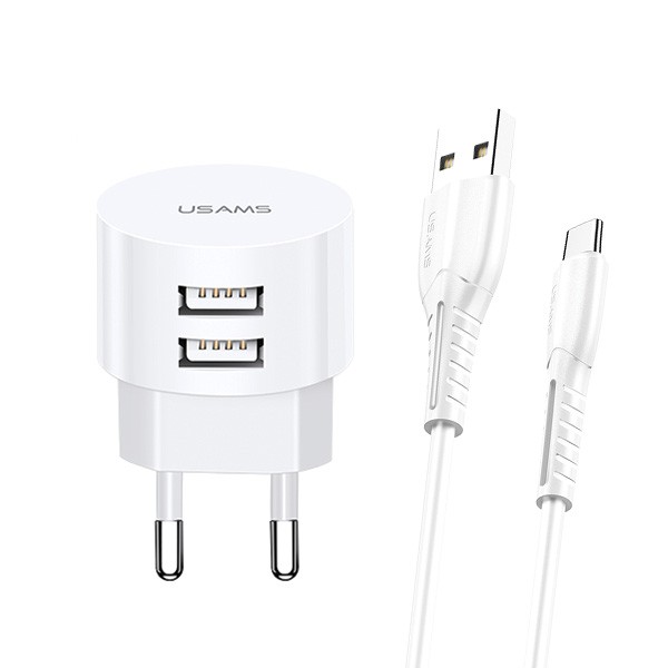 USAMS Mrežni polnilnik T20, 2x USB 2.1A, z USB-C kablom