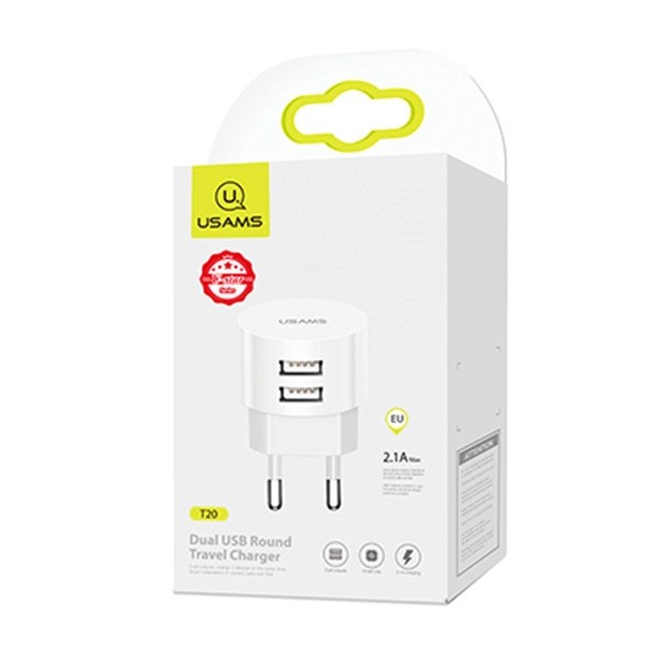 USAMS Mrežni polnilnik T20, 2x USB 2.1A, z USB-C kablom 2