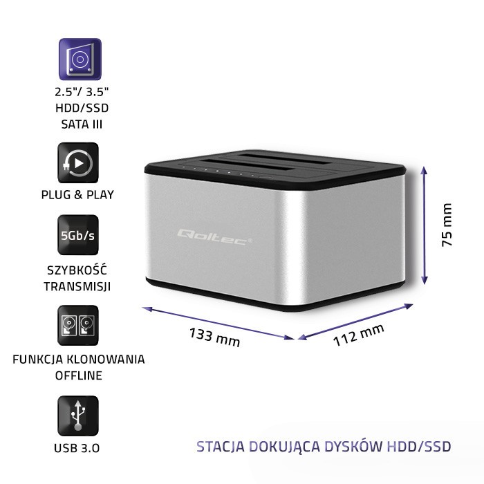 Dvojna postaja za diske 2,5"/3,5" SATA HDD/SSD s kloniranjem, USB 3.0 3