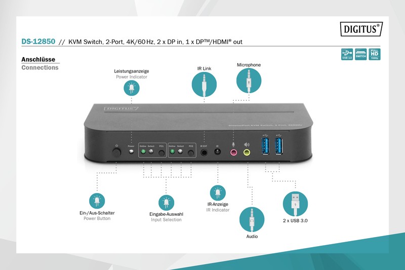 Digitus KVM preklopnik 2-portni DisplayPort na HDMI, 2x1, 4K 60Hz, 2x USB, audio 6