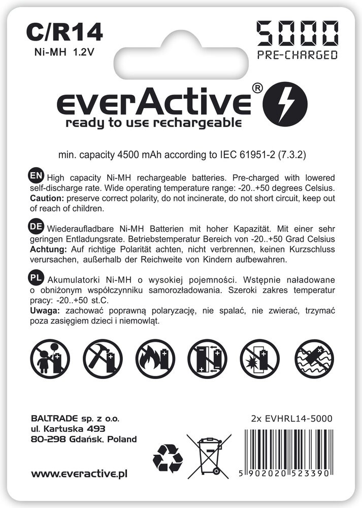 EverActive Ni-MH akumulatorja R14/C 5000 mAh, pripravljena za uporabo (2 kosa) 2