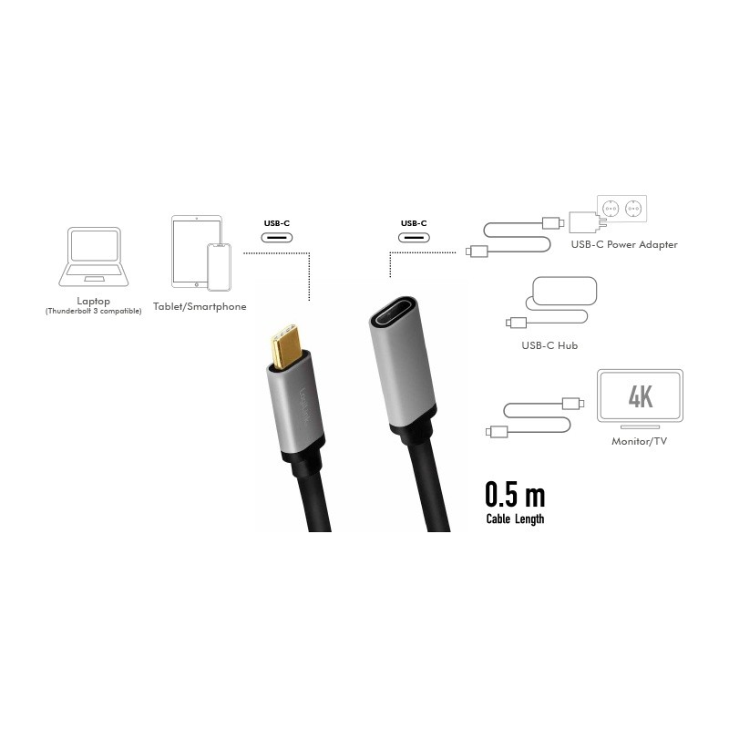 Podaljševalni kabel USB-C M/F, 4K/60Hz, aluminijast, 0.5m 3