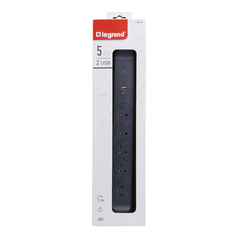 Podaljšek 5x 2P+Z + USB A/C, 1,5m, črn