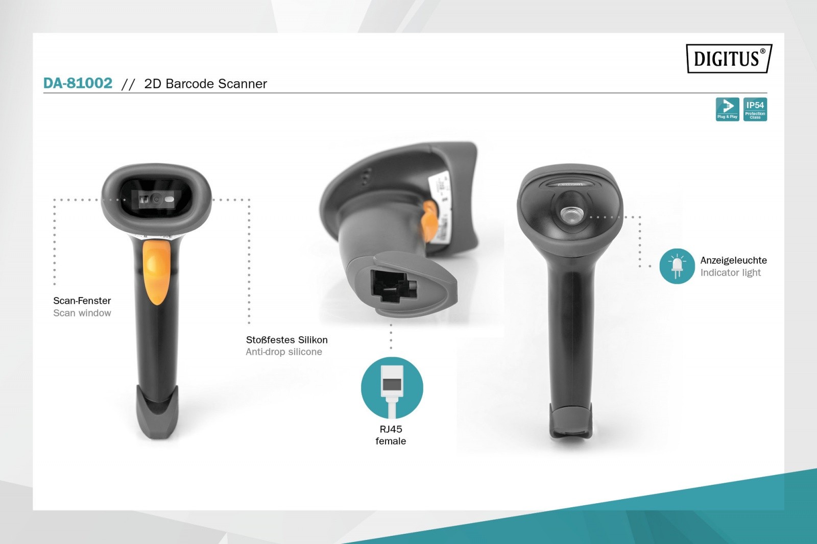 Žični čitalnik črtnih kod (1D/2D, QR) USB-RJ45 z stojalom, 2m 6