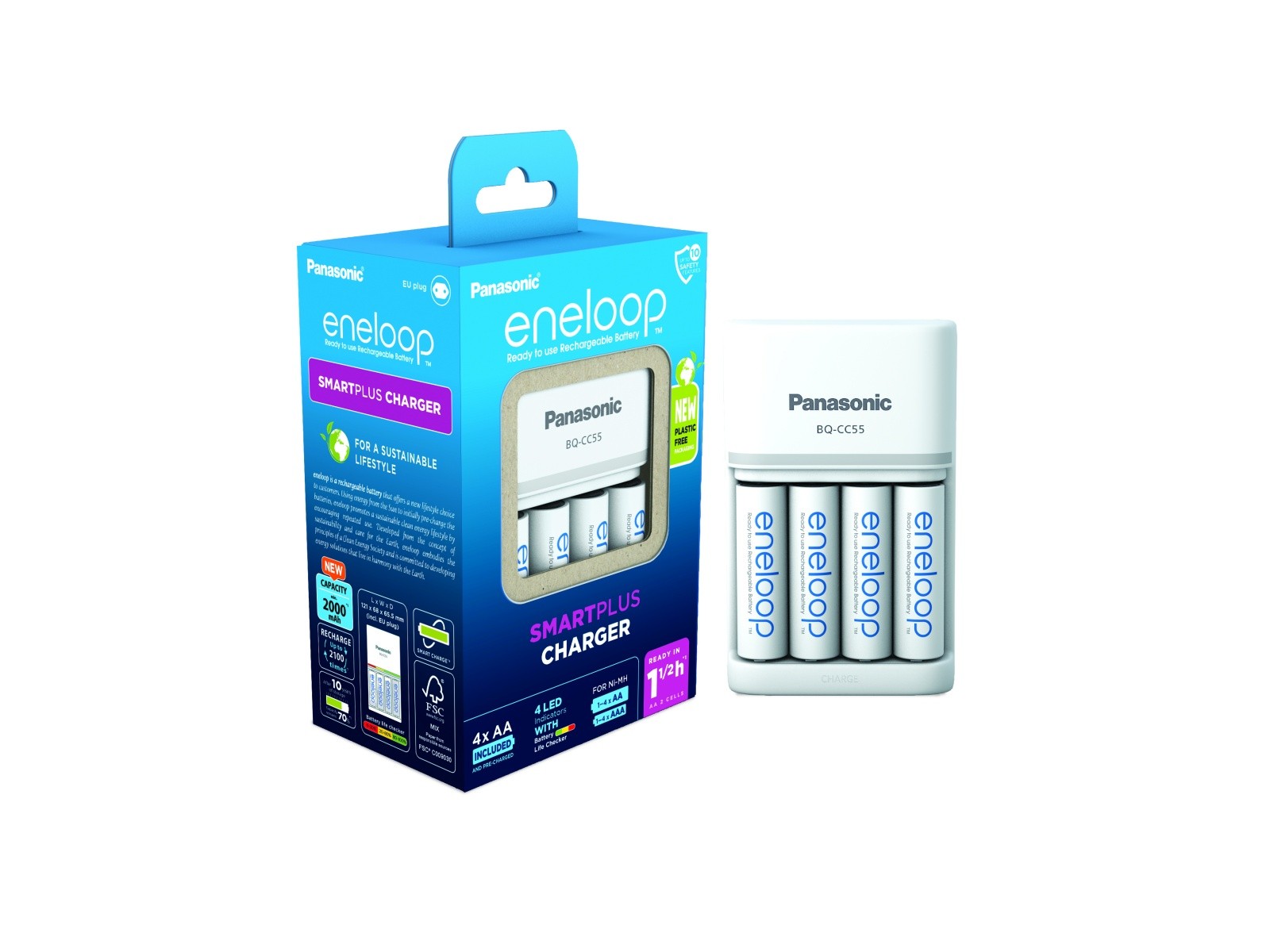 Hitri polnilnik Eneloop Smart & Quick BQ-CC55 + 4x AA baterije