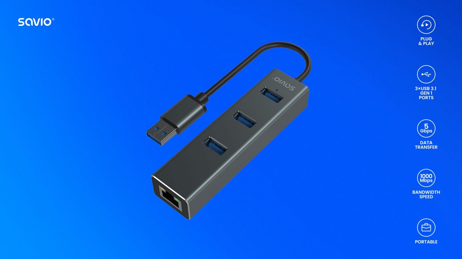 USB-A 3.1 Gen 1 Hub AK-58 (3-portni) z RJ-45 Gigabit Ethernet 5