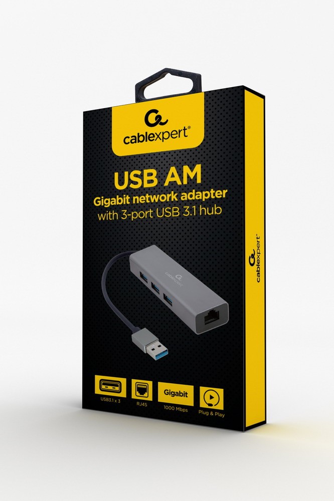 Gembird USB-AM na LAN GbE adapter z 3xUSB 3.0 2