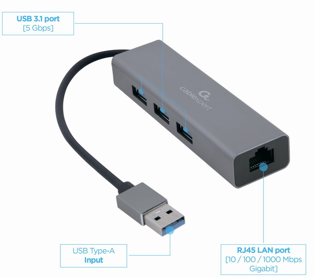 Gembird USB-AM na LAN GbE adapter z 3xUSB 3.0 3
