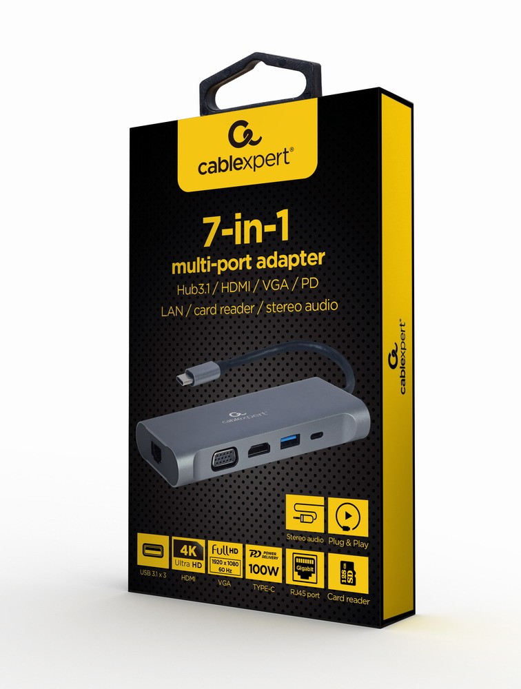 Gembird USB-C Hub z PD, GbE, VGA, HDMI, 3xUSB 3.1, avdio 2