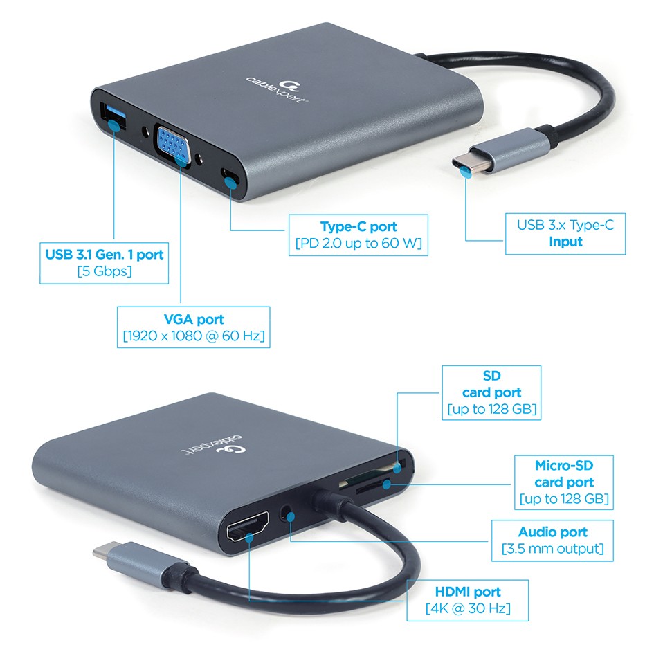 Gembird USB-C Hub, HDMI, USB-C PD, VGA, USB 3.0, Audio 3