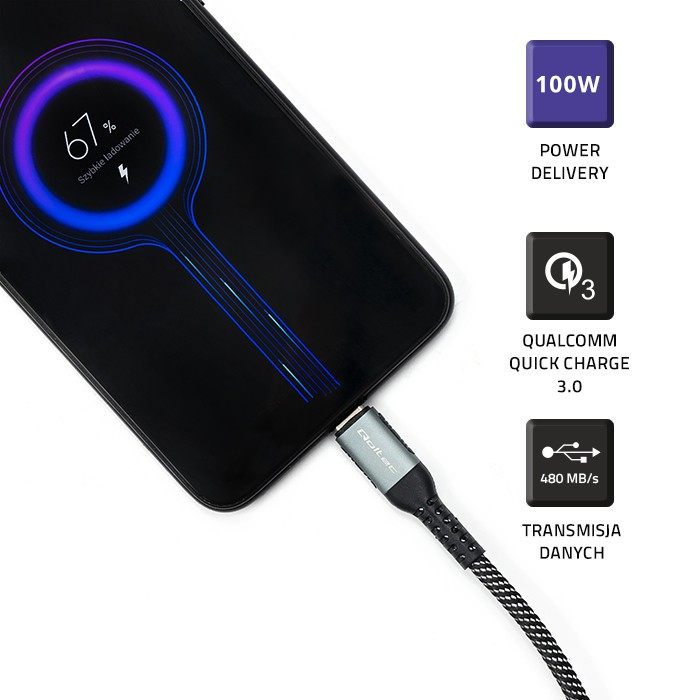 USB-C polnilni kabel 1.5m, 100W, QC 3.0, PD, črn 3