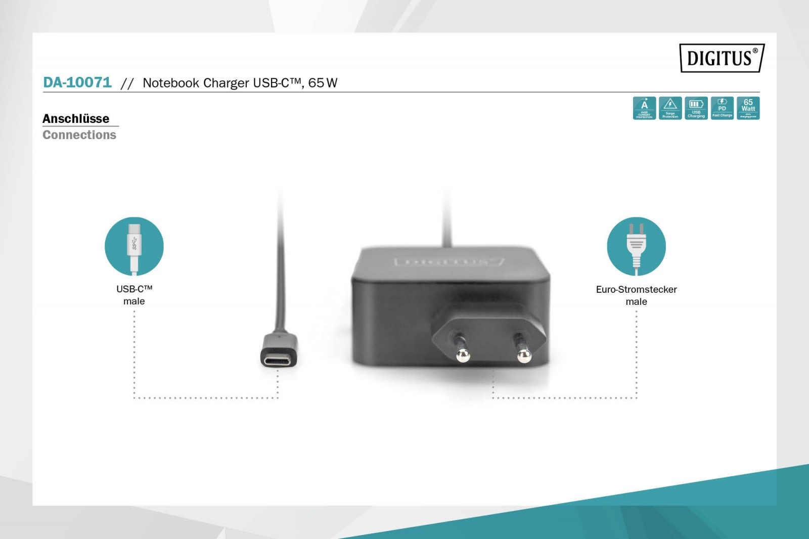 Zidni polnilnik USB-C PD 65W z integriranim kablom 1,2m, črn 3