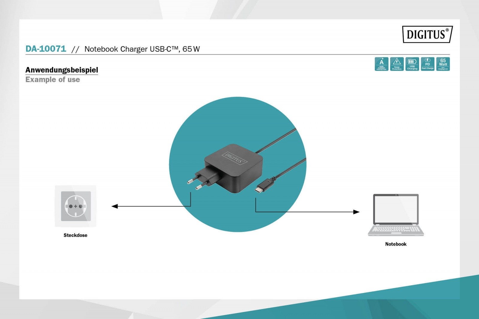 Zidni polnilnik USB-C PD 65W z integriranim kablom 1,2m, črn 4