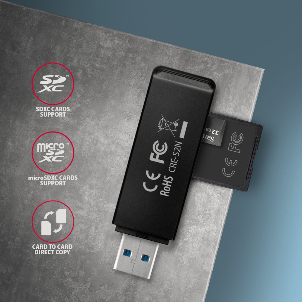 Bralnik kart CRE-S2N USB 3.2 Gen 1, 2-reži za SD/microSD, UHS-I 3