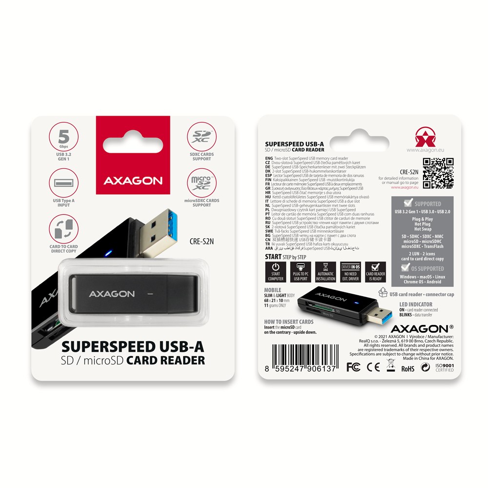 Bralnik kart CRE-S2N USB 3.2 Gen 1, 2-reži za SD/microSD, UHS-I 7