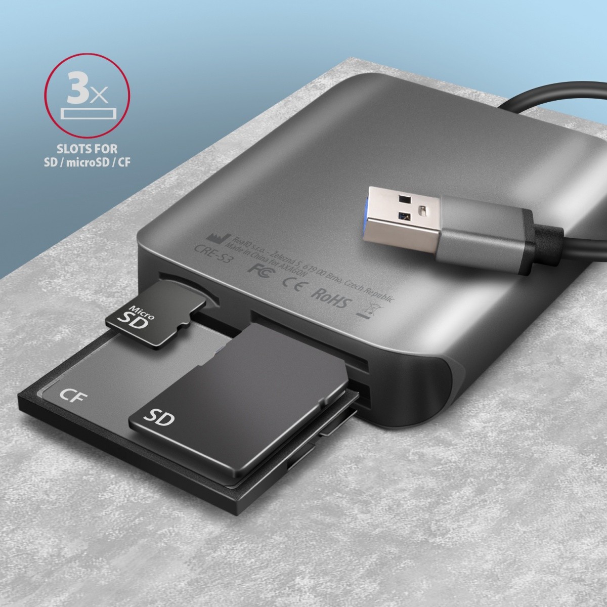 Bralnik kartic CRE-S3 USB 3.2 Gen 1, 3-reže za SD/microSD/CF, UHS-II 3