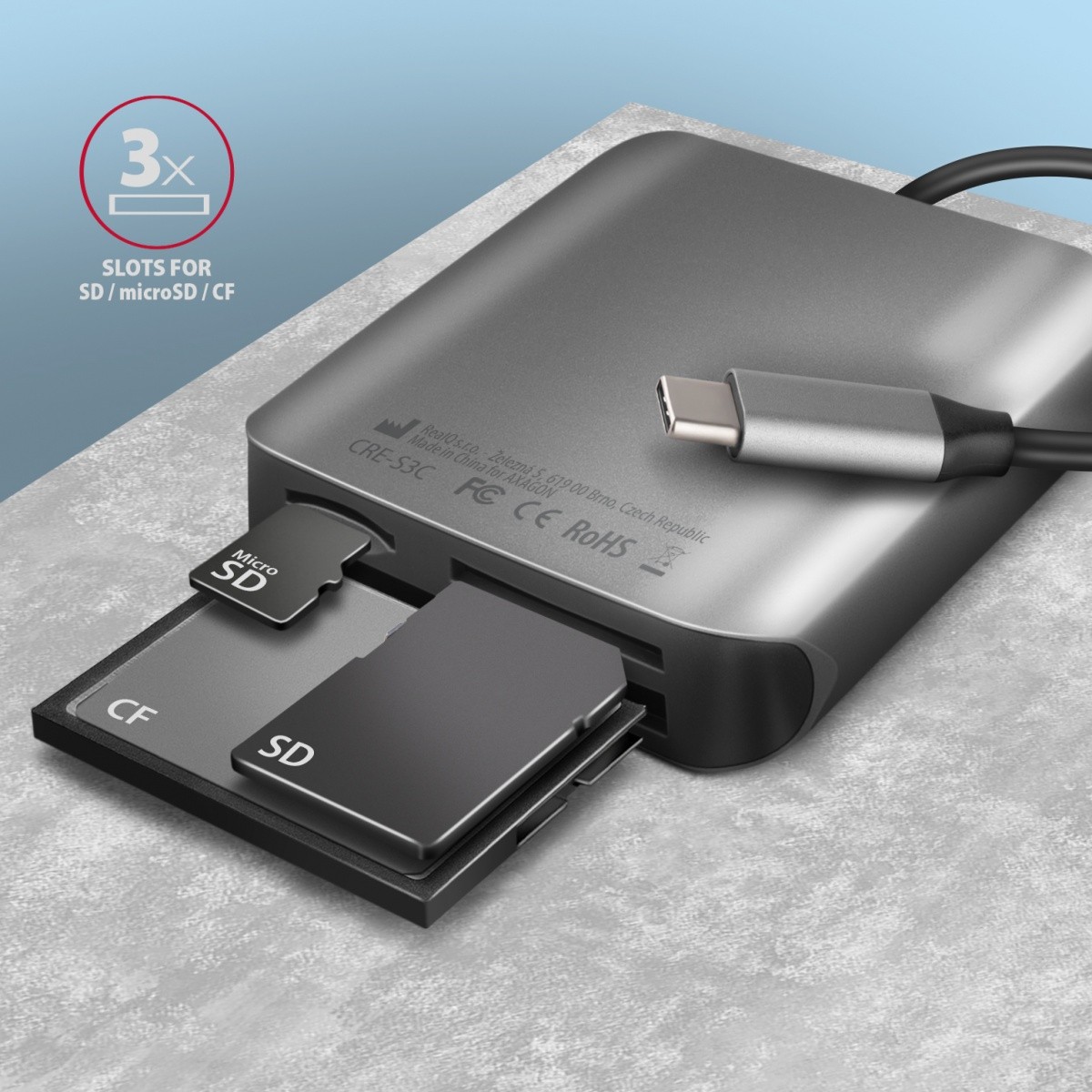 Bralnik kartic CRE-S3C USB-C 3.2 Gen 1, 3-reže za SD/microSD/CF, UHS-II 3