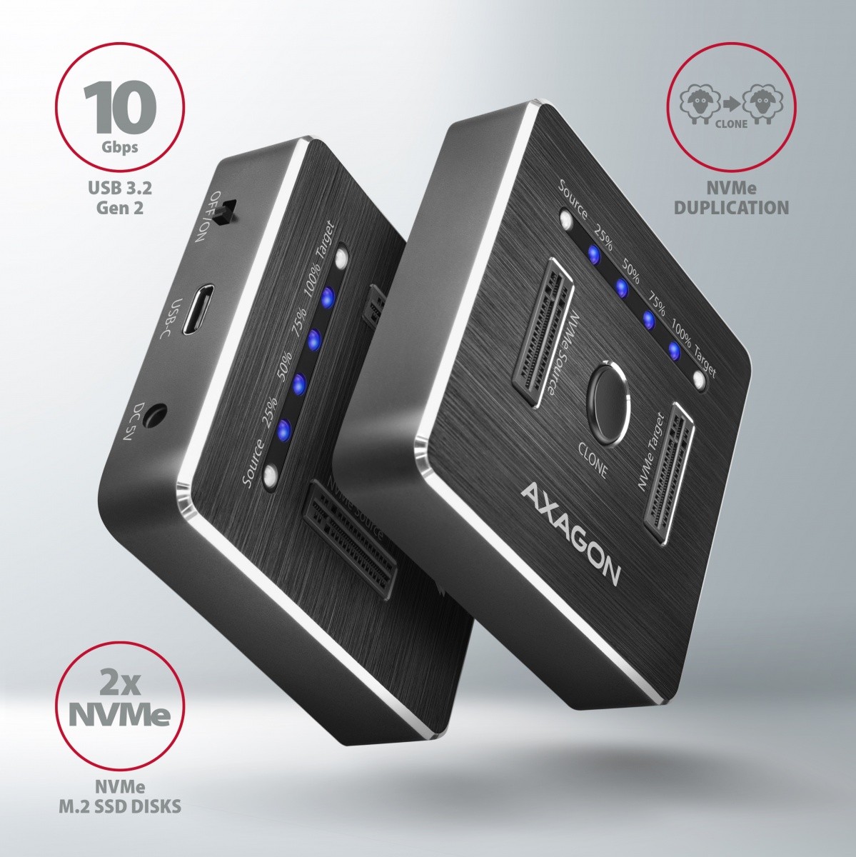 Prizemna postaja AXAGON ADSA-M2C USB-C 3.2 Gen 2 za 2x M.2 NVMe SSD 2