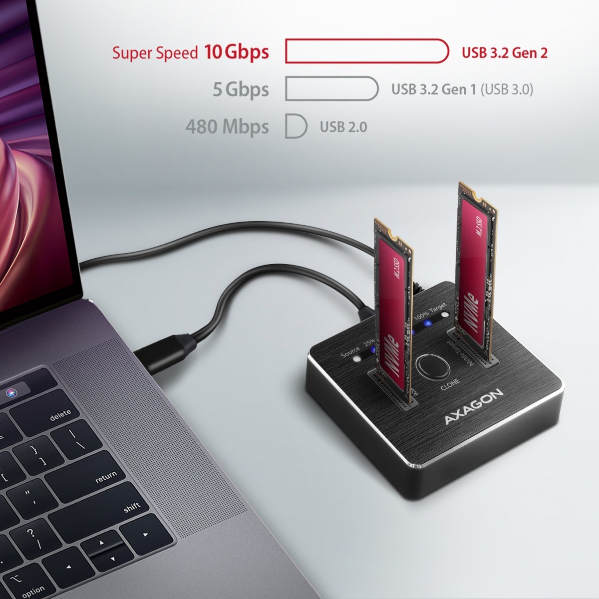 Prizemna postaja AXAGON ADSA-M2C USB-C 3.2 Gen 2 za 2x M.2 NVMe SSD 4