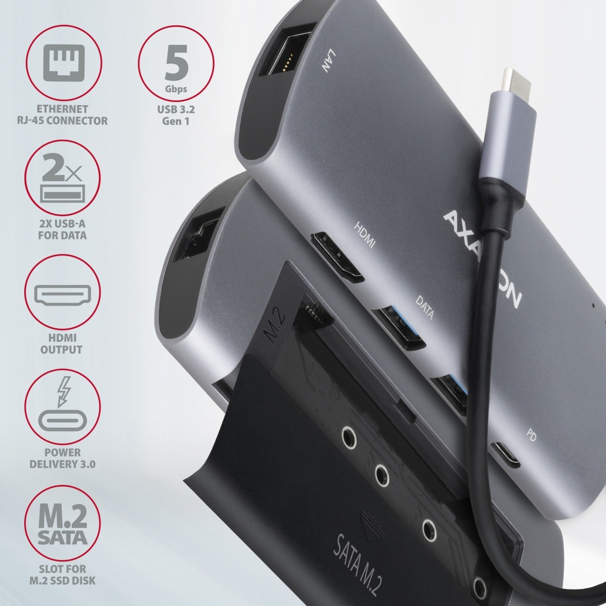 Večnamenski USB-C Hub HMC-6M2 z M.2 SATA, HDMI, Gb LAN 2