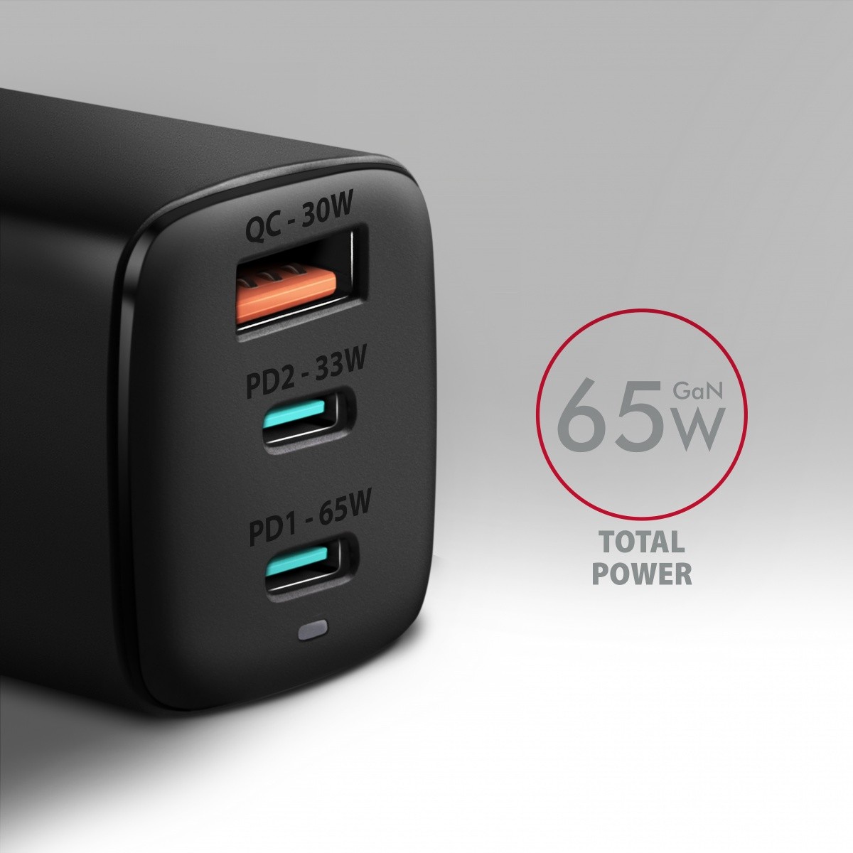 Polnilnik GaN ACU-DPQ65, 65W, 1x USB-A + 2x USB-C, PD3.0 2