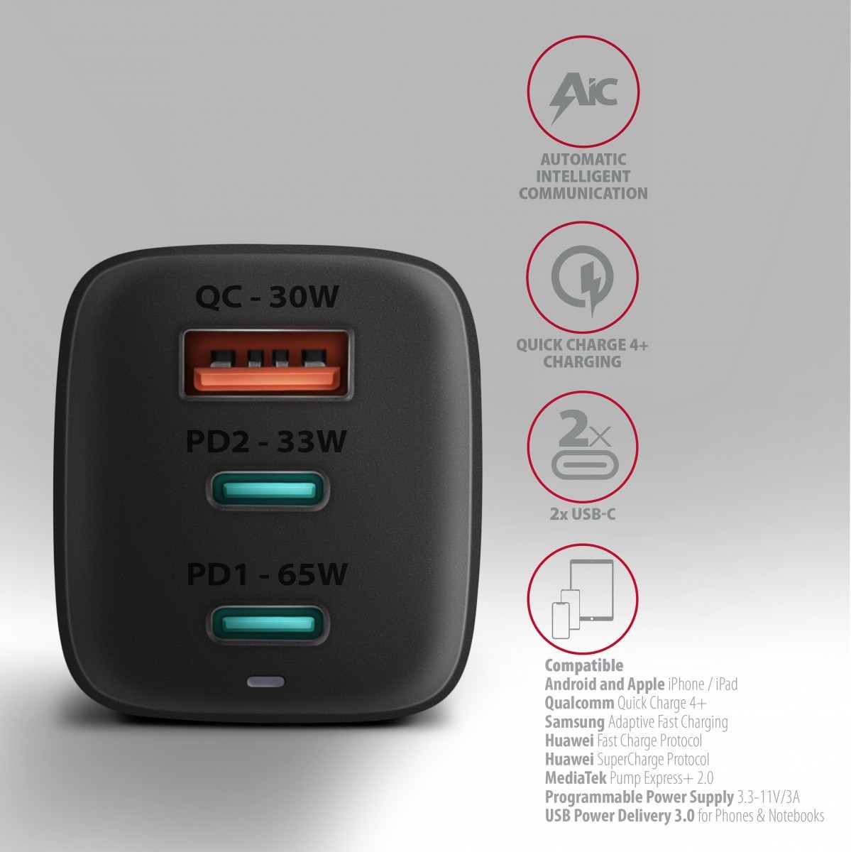 Polnilnik GaN ACU-DPQ65, 65W, 1x USB-A + 2x USB-C, PD3.0 4