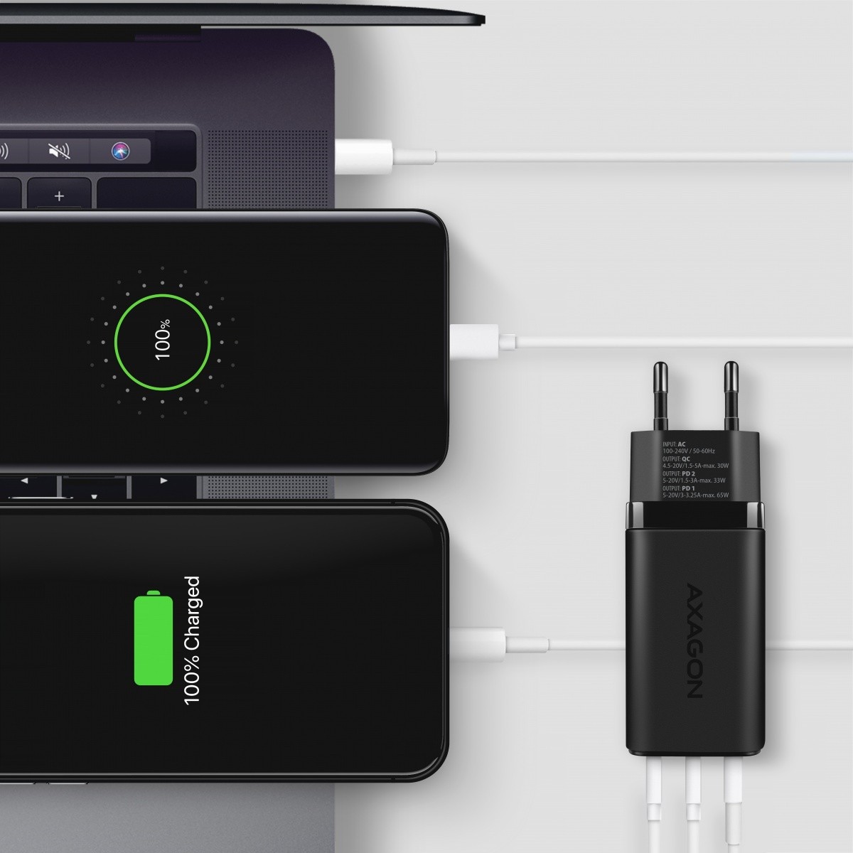 Polnilnik GaN ACU-DPQ65, 65W, 1x USB-A + 2x USB-C, PD3.0 6