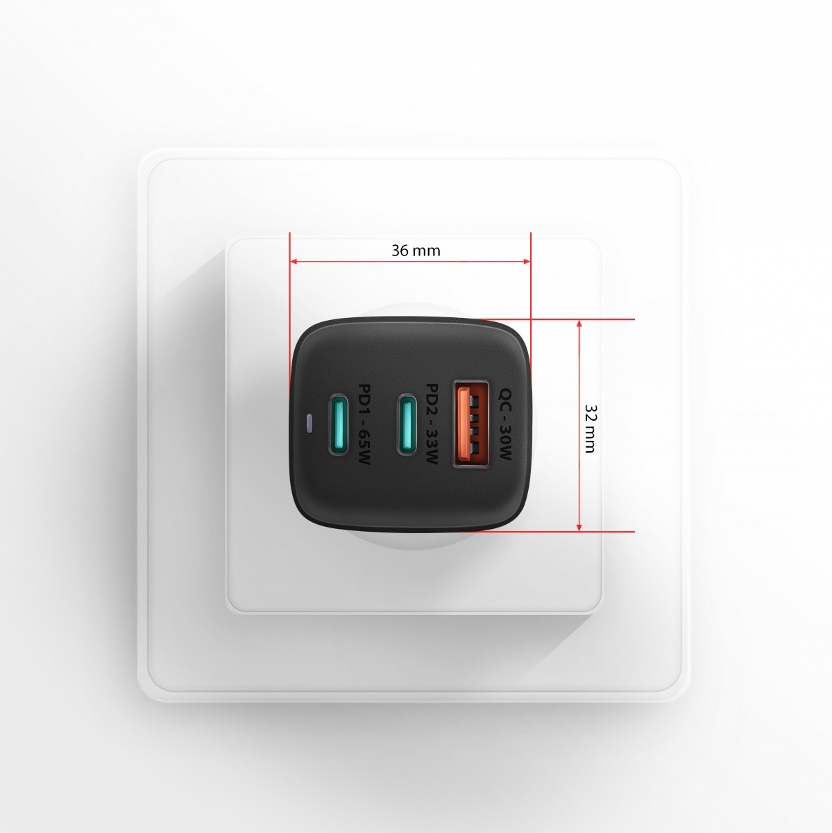 Polnilnik GaN ACU-DPQ65, 65W, 1x USB-A + 2x USB-C, PD3.0 7