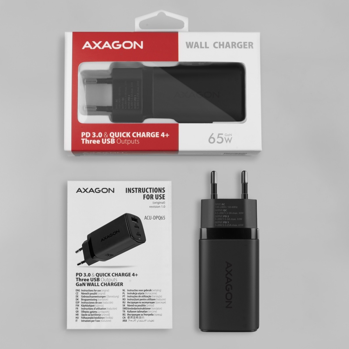 Polnilnik GaN ACU-DPQ65, 65W, 1x USB-A + 2x USB-C, PD3.0 8