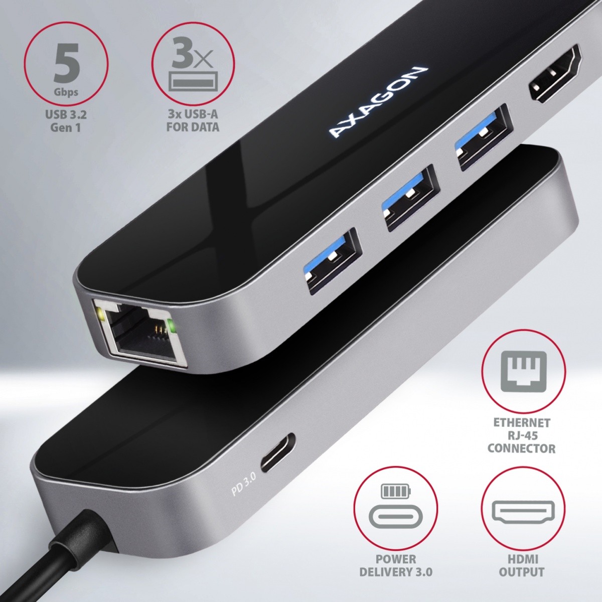 večportni USB hub, 6v1, 5Gbps, 3x USB-A, HDMI 4K/30Hz, GLAN, PD 100W 2