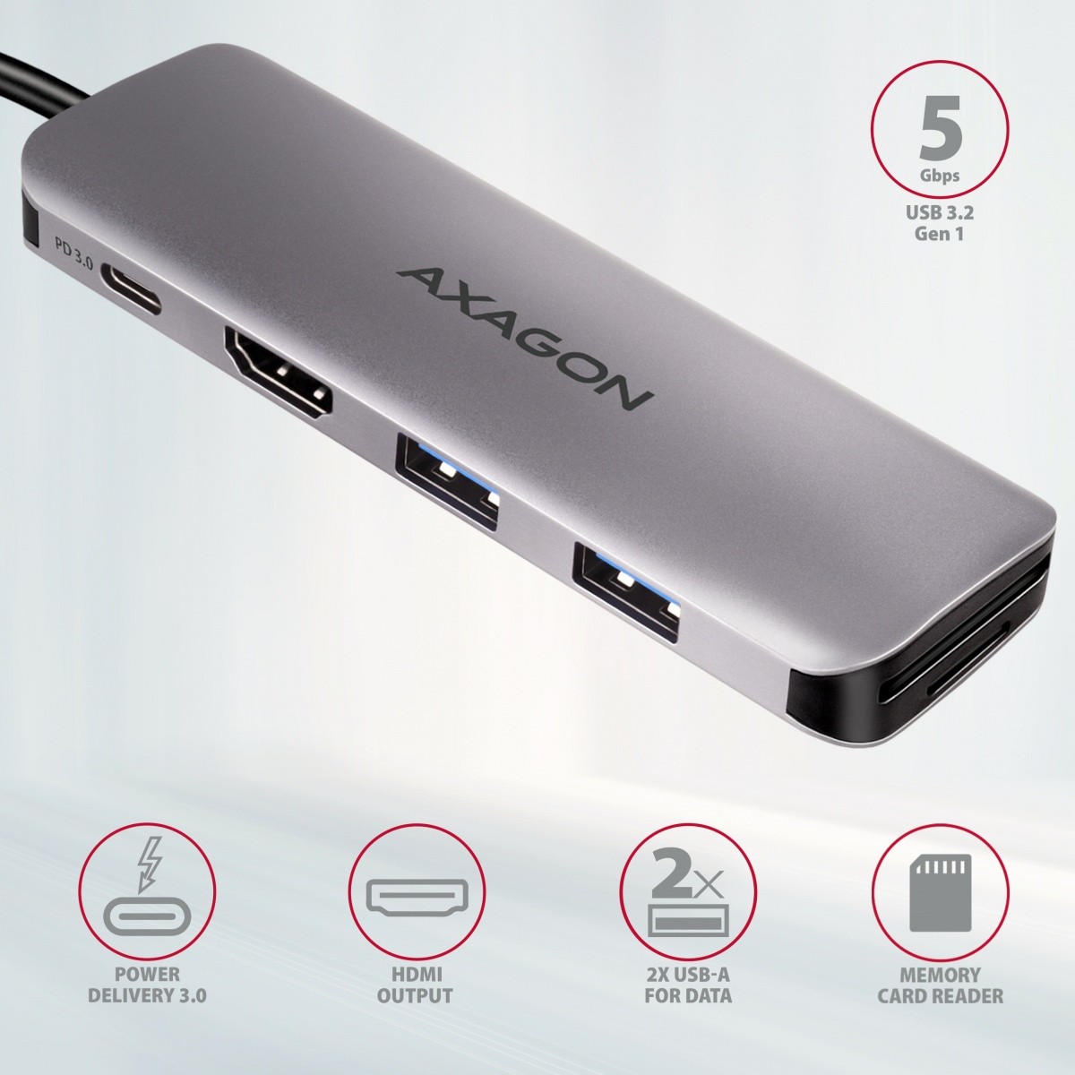 večportni USB hub, 5v1, 5Gbps, 2x USB-A, HDMI 4K/30Hz, SD/microSD, PD 100W 2