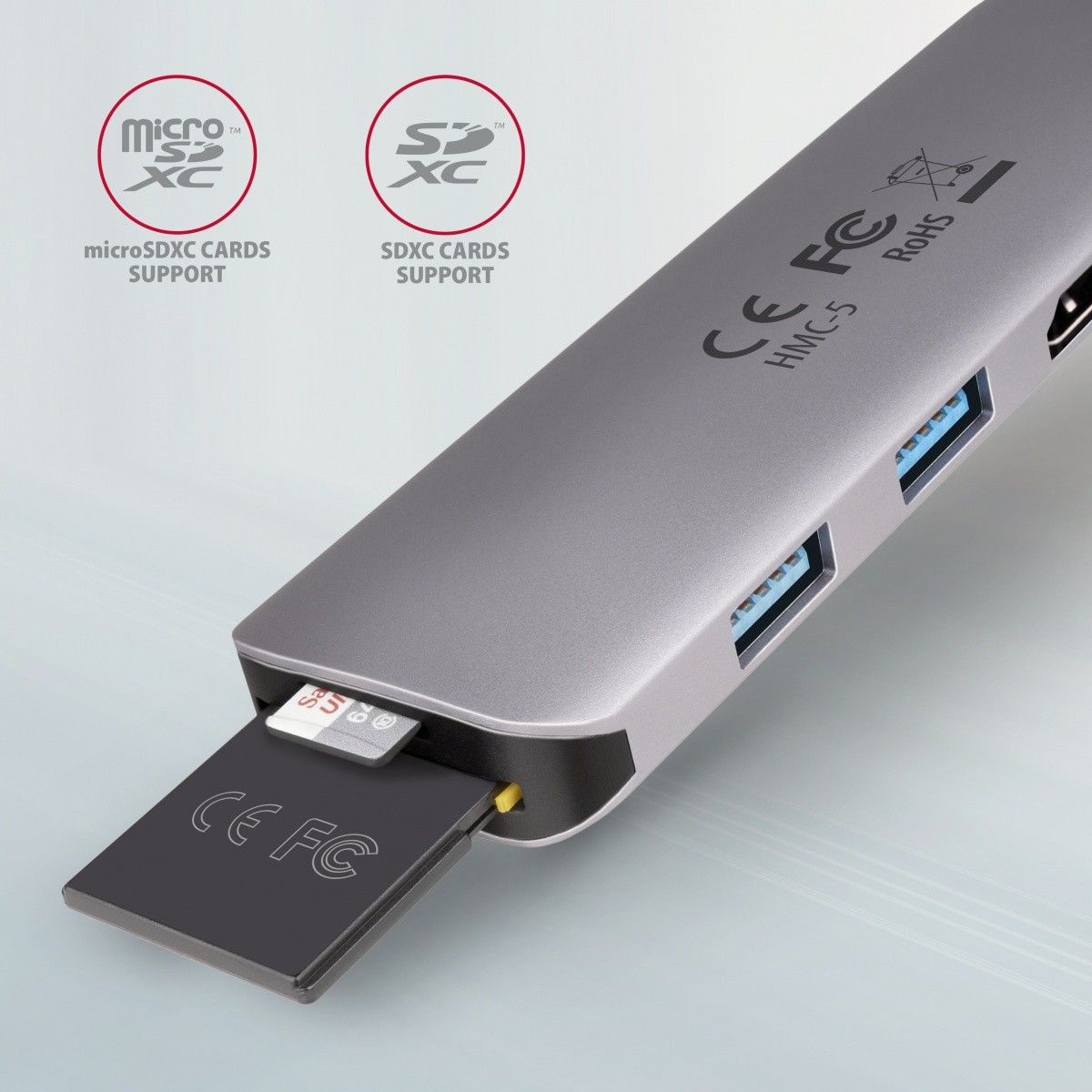 večportni USB hub, 5v1, 5Gbps, 2x USB-A, HDMI 4K/30Hz, SD/microSD, PD 100W 3