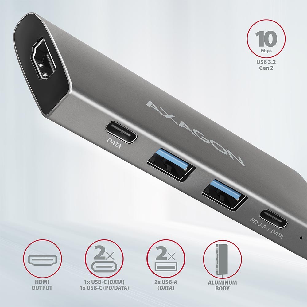 USB hub, 5v1, 10Gbps, 2x USB-A + 2x USB-C, HDMI 4K/60Hz, PD 100W 2