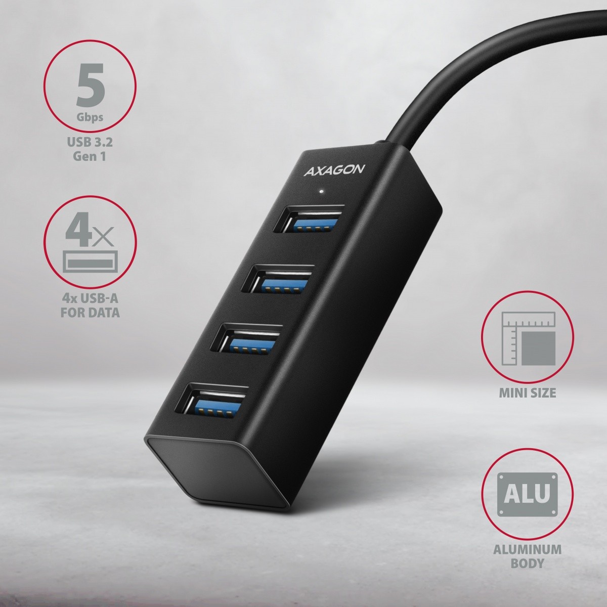 4-portni Mini USB 3.2 Gen 1 hub, ozek profil, 20cm USB-A kabel 2