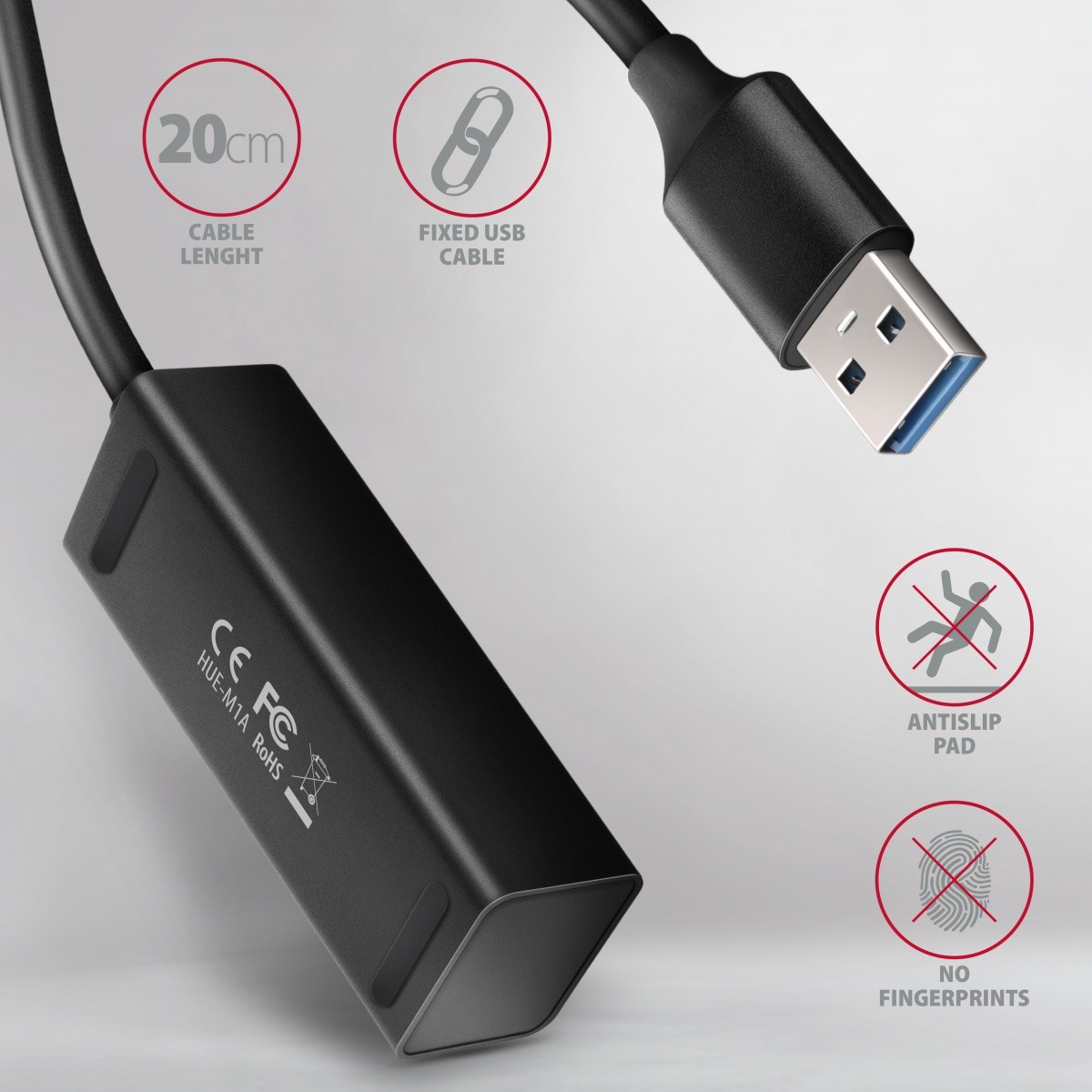 4-portni Mini USB 3.2 Gen 1 hub, ozek profil, 20cm USB-A kabel 4