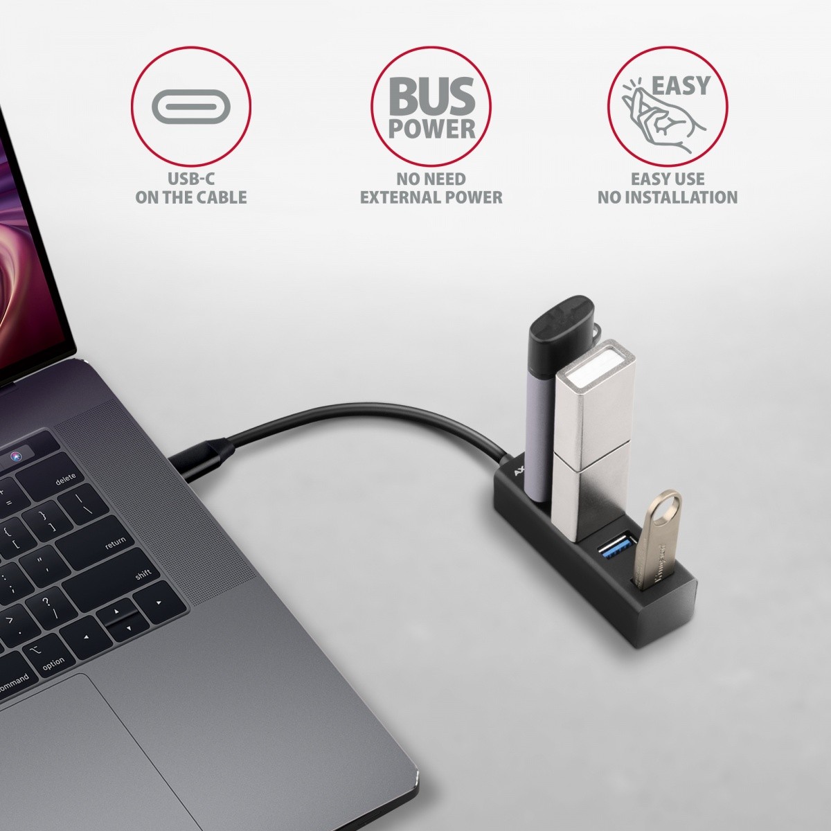 4-portni Mini USB 3.2 Gen 1 hub, ozek profil, 20cm USB-C kabel 3