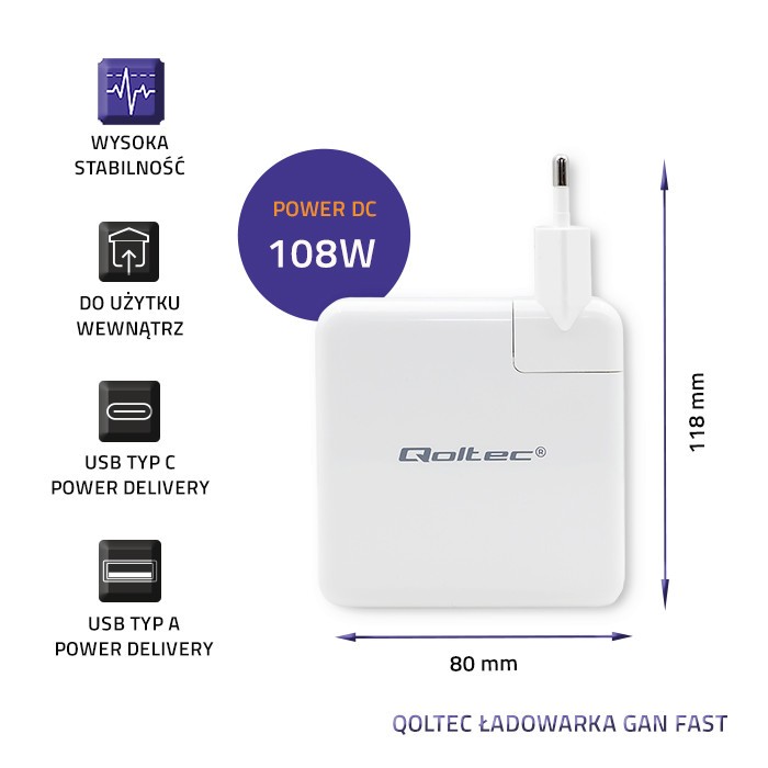 GaN hitri polnilnik USB-C 108W, bel 2