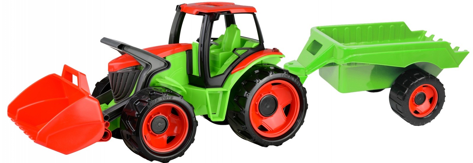 Traktor z žlico in prikolico, rdeče-zelen