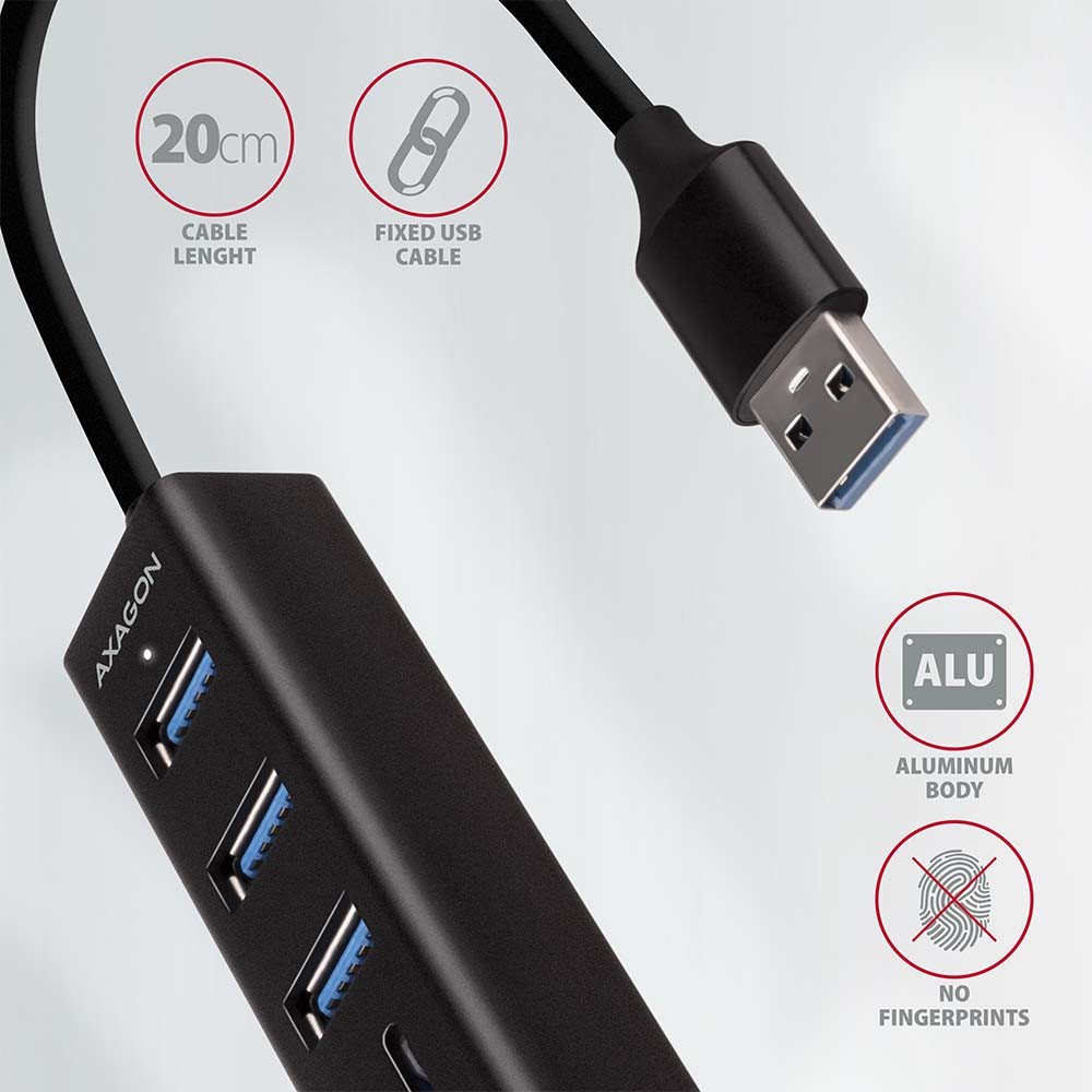 Večvratni USB-A hub (3x) + SD/microSD, USB 3.2 Gen 1, kovinski, 20cm kabel 5