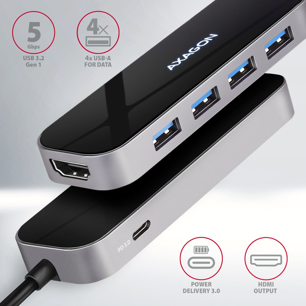 AXAGON HMC-6H4A USB-C Hub: 4x USB-A, HDMI, USB-C PD 100W 2