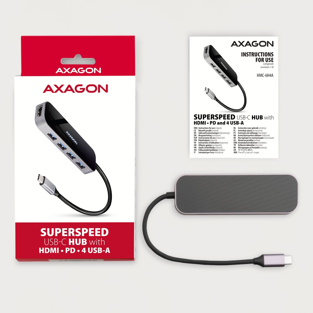 AXAGON HMC-6H4A USB-C Hub: 4x USB-A, HDMI, USB-C PD 100W 8
