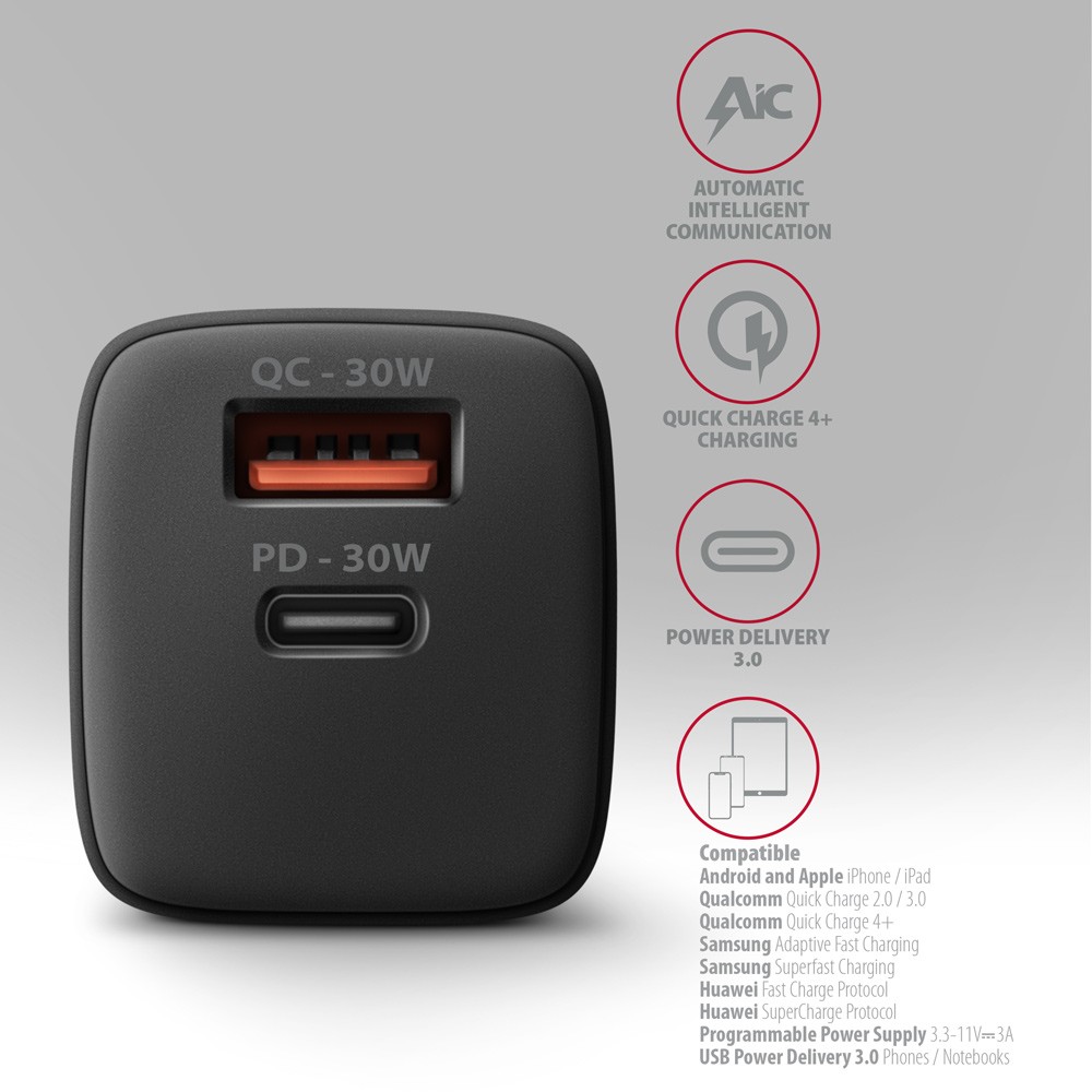 Polnilnik ACU-PQ30 PD & QC 30W, Črn 4