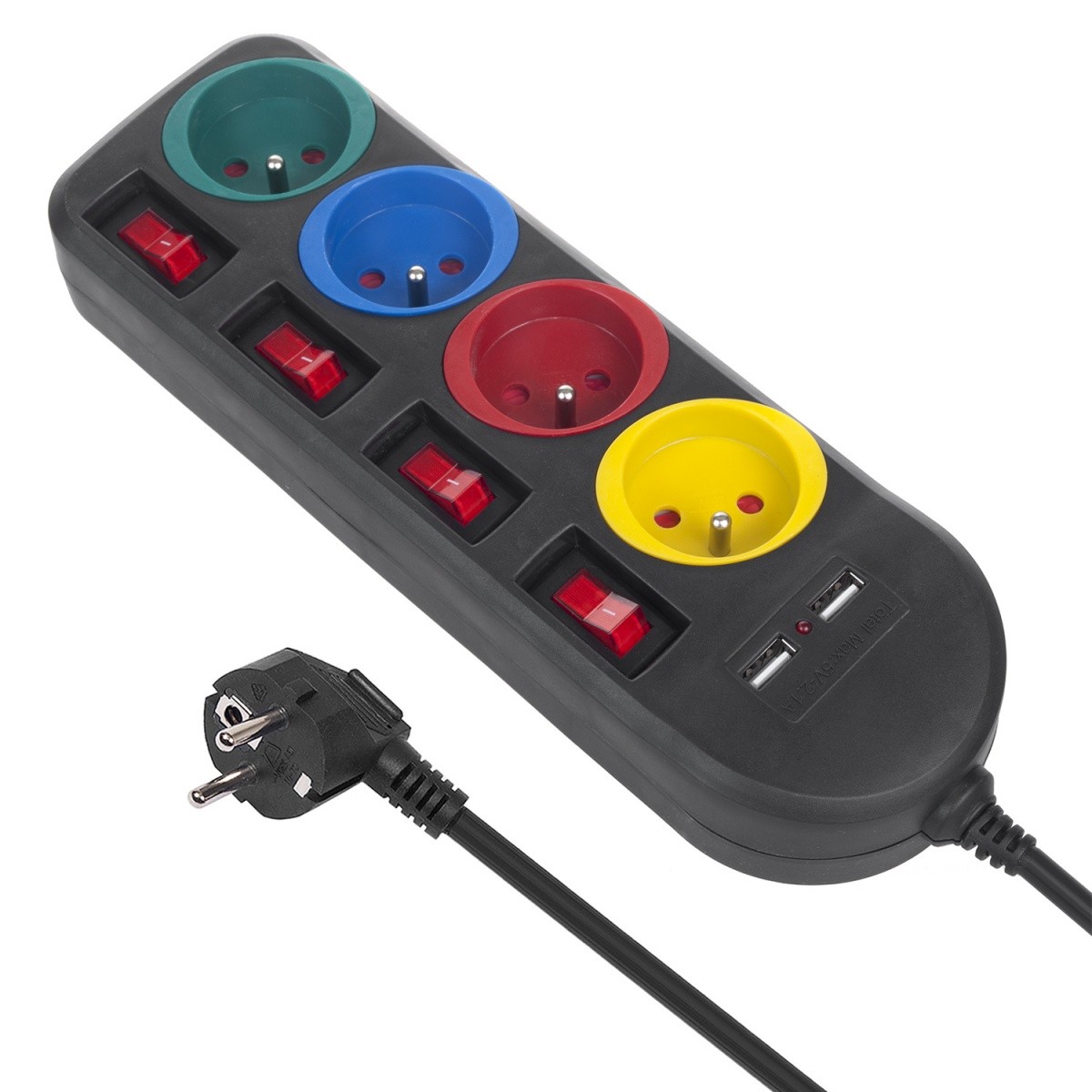 Razdelilnik z 4 vtičnicami in 2xUSB dvojnim stikalom, MCE229B, črn