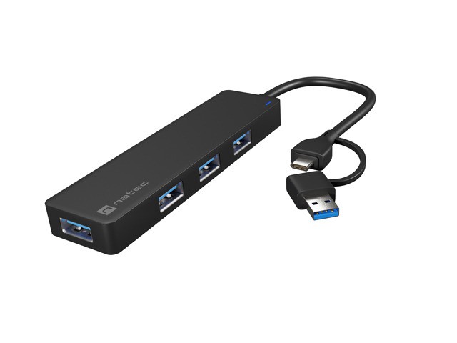 USB-C hub z 4 vrati Mayfly, črn + USB-A adapter