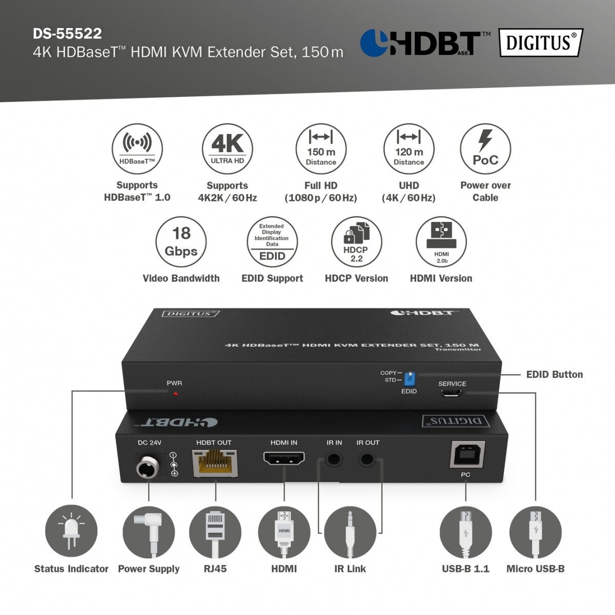 Podaljševalni kabel HDMI 4K 60Hz 150m HDBaseT 5
