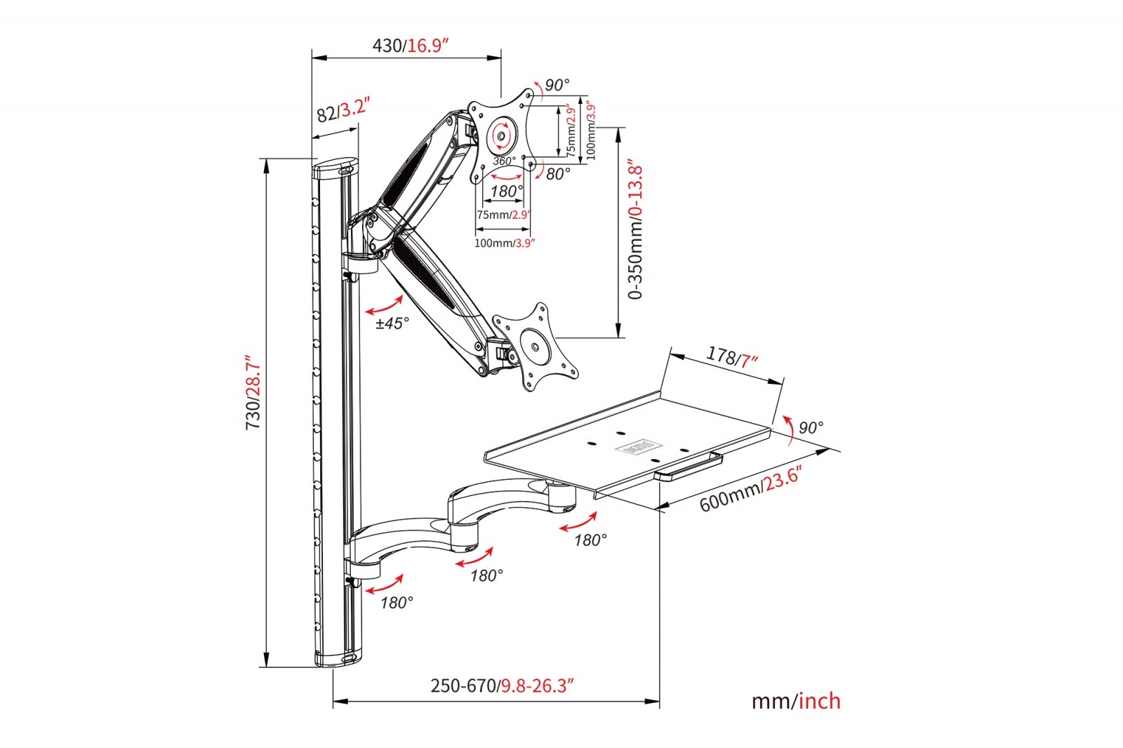 Stenski nosilec za LCD/tipkovnico, do 32", 8kg, vrtljiv/nagibni 5